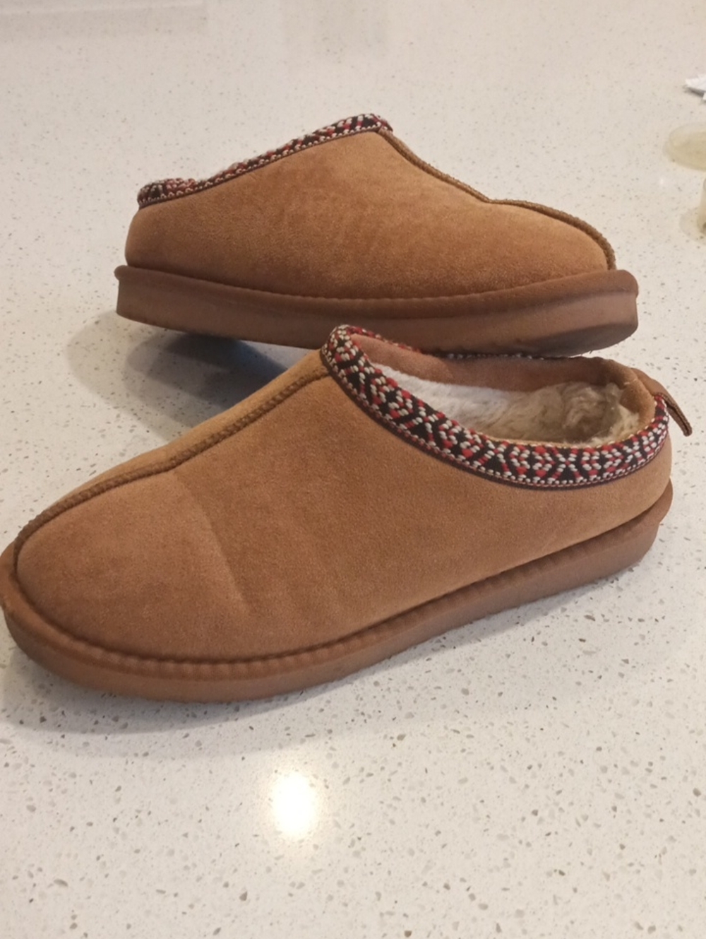 Soda Women's Slip-On Faux Suede Slippers in Brown with Patterned Trim